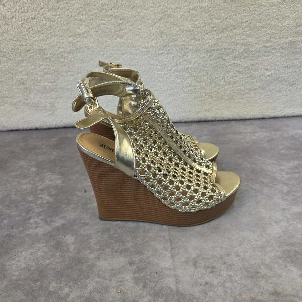 JustFab Sumner Gold Woven Wedge Sandals Metallic Strappy Platform Heels W-9.5